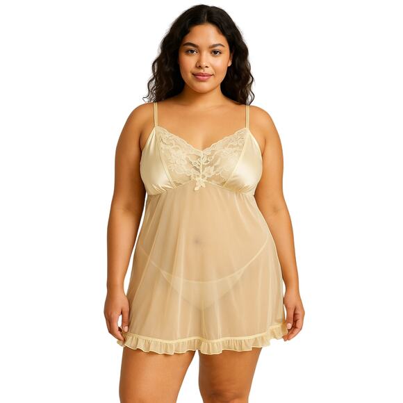 Cacique Lane Bryant Lingerie Babydoll Slip Dress 18/20 Sheer Satin Lace Ivory - Picture 1 of 11